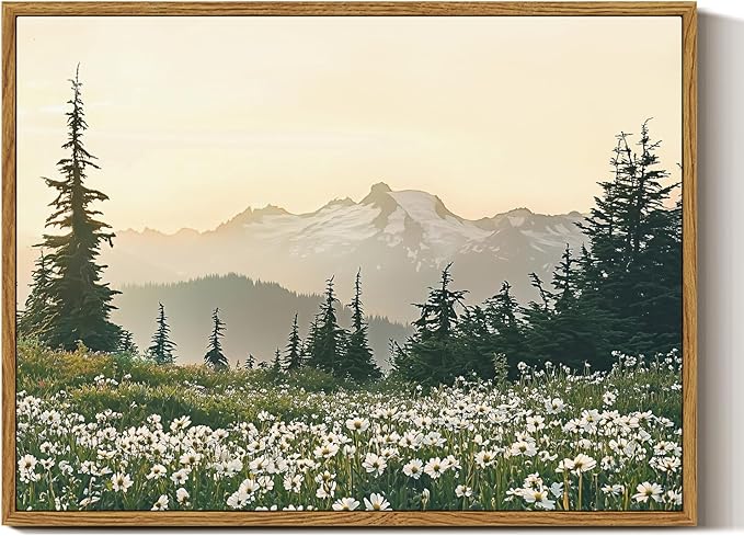 InSimSea Framed Canvas Wall Art Vintage Decor, Forest Wall Decor for Living Room Bedroom Bathroom Office, Nature Landscape Wildflowers Mountains Oil Painting Prints, Home Desk Decorations, 12x16inch