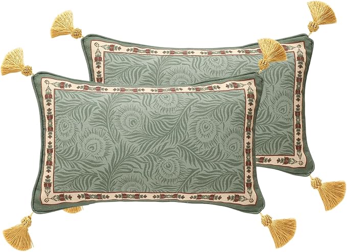 patdrea Designer Throw Pillow Covers Set of 2,French Elegant Green Linen with Curly Grass and Floral Pattern Pillow Covers,Decorative Lumbar Pillowcases Cushion for Bed Living Room Outdoor,12"x20"