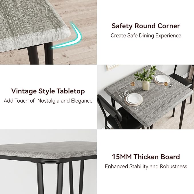 GarveeHome Dining Table Set for 2, Kitchen Table with Upholstered Chairs for Kitchen Room and Small Spaces (Grey, Table with 2 Chairs)