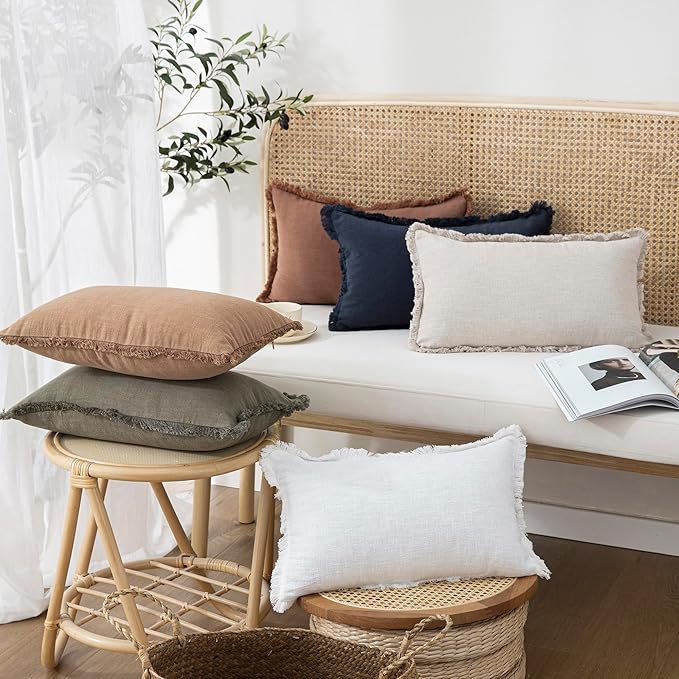 Foindtower Set of 2 Decorative Linen Fringe Lumbar Throw Pillow Covers Boho Farmhouse Cushion Cover with Tassels Cozy Accent Pillowcase for Sofa Couch Living Room Home Decor,12×20 Inch,Natural Beige