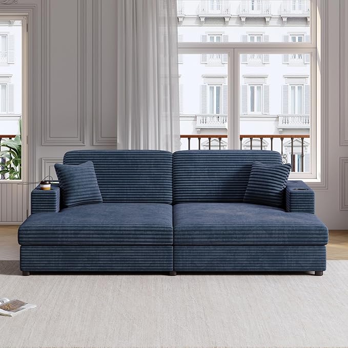 Merax 86.5" W*62" L Oversized Sleeper Sofa Bed, Corduroy Upholstery Sectional Couch Loveseat Chaise Lounge with 2 Throw Pillows, USB Ports, Cup Holders for Living Room and Bedroom, Blue