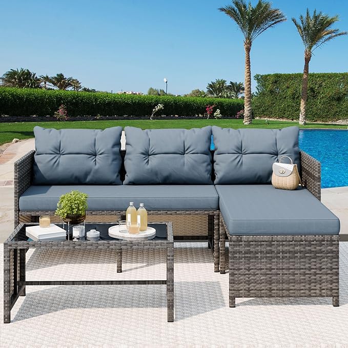 Vongrasig 3 Pieces Patio Furniture Sets, All-Weather Wicker Outdoor Sofa Couch Sectional Set, Small Conversation Set for Patio, Garden w/Cushion, Glass Table, (Blue)