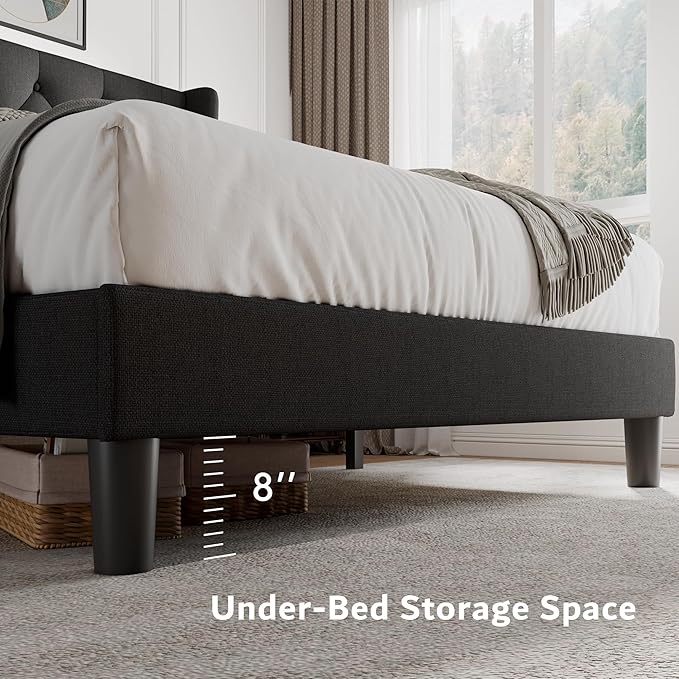 iPormis King Size Platform Bed Frame with Button Tufted Headboard, Upholstered Bed Frame with Solid Wooden Slats, 8" Underbed Space, No Box Spring Needed, Noise Free, Easy Assembly, Black