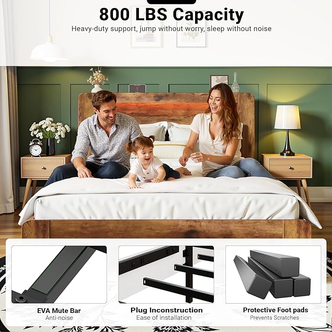 King Bed Frame with Headboard, Wooden Platform Bed Frame King Size with Bookcase Shelf, LED Lights, Charging Station, Heavy Duty Supports, No Box Spring Needed,Dark Brown