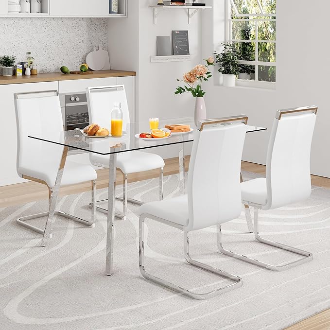 Glass Dining Table Set for 4,Rectangle Dinner Table with 4 White Leather Kitchen Chairs,51 in Kitchen Room Dining Set,0.31” Tempered Glass Table Top with Silver Metal Legs,4 Dining Chairs
