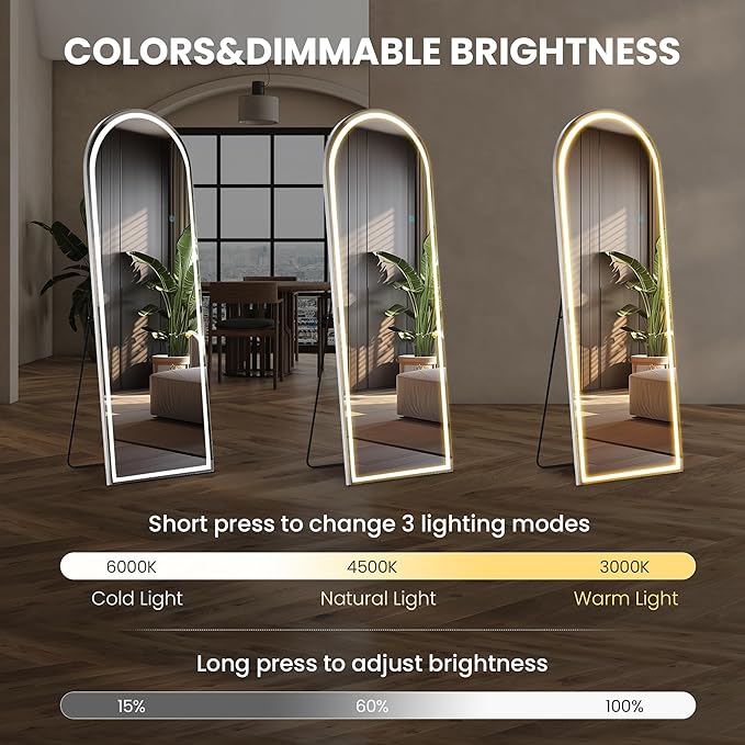 OLIXIS 20"×63" Arched Full Length Mirror with Light, LED Floor Full Body Mirror with 3 Color Lighting