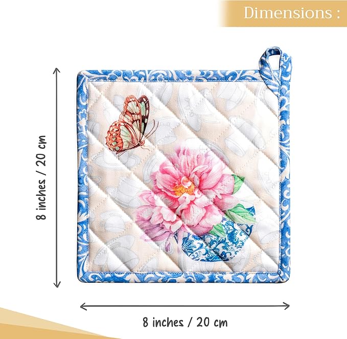 Maison d' Hermine Pot Holders Set 100% Cotton Heat Resistant Potholders 8" x 8" Hot Pads with Loop BBQ, Cooking, Baking, Grilling, Kitchen, Handling Hot Pans Spring/Summer (Pack of 2, Canton)