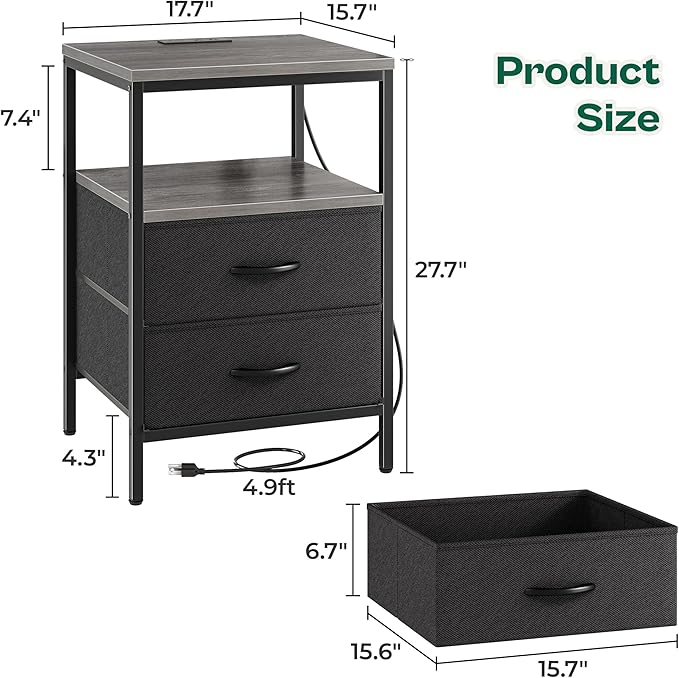 Huuger Night Stand with Charger Station, 27.7 Inch Tall Nightstand, Bed Side Table with 2 Fabric Drawers, Fabric Drawer Dresser for Bedroom, Living Room, Grey