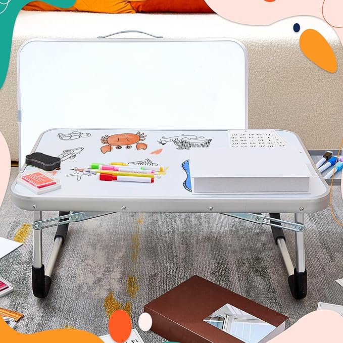 Suzile 2 Pcs Kids Lap Desk with Dry Erase Board, 24" x 16" Foldable Study Tray with Drawer, Markers & Eraser, Portable Desk for Art, Homework, First Day & Back to School Supplies