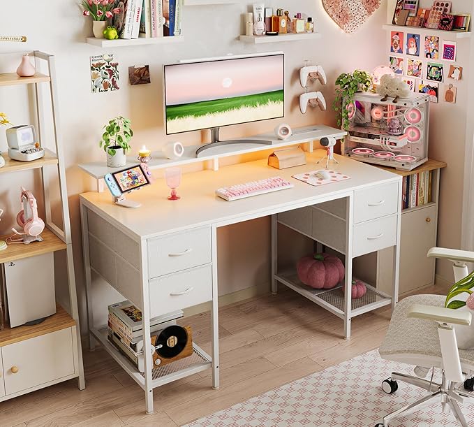 Huuger 47 inch Computer Desk with 4 Drawers, Gaming Desk with LED Lights & Power Outlets, Home Office Desk with Large Storage Space for Bedroom, Work from Home, White