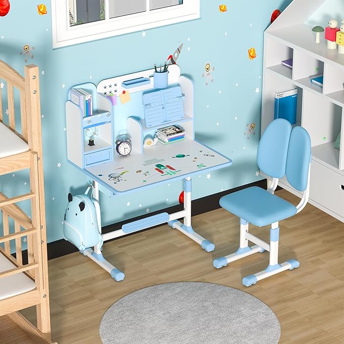 Kids Desk and Chair Set, Height Adjustable Kids Study Table and Chair Set, Children School Desk with Storage Drawer and Book Stand, Ergonomic Child Toddler Deskwith Sitting Posture Corrector (Blue 5)