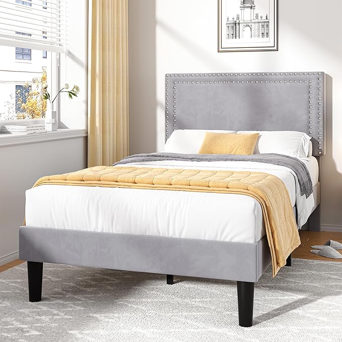 VECELO Twin Size Platform Bed Frame with Adjustable Upholstered Headboard, Strong Wood Slat Support, No Box Spring Needed, Easy Assembly