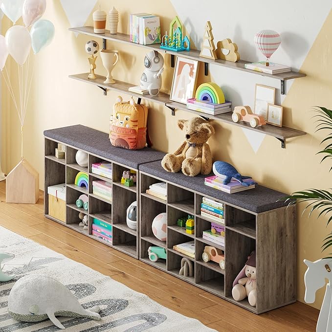 DINZI LVJ Shoe Storage Bench with Cushion, 14-Cubby Shoe Rack, Adjustable Shelves, Multifunctional Shoe Organizer Bench for Entryway, Mudroom, Hallway, Living Room, Bedroom and Garage, Greige