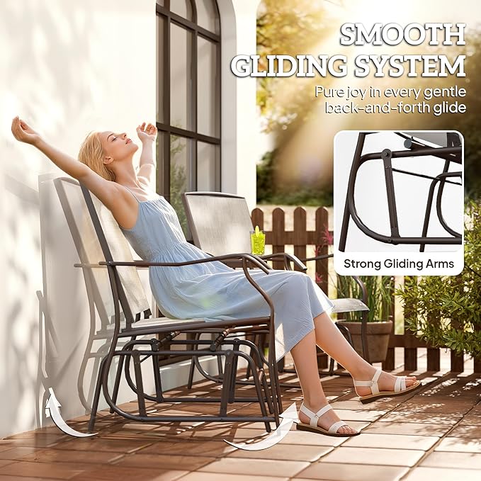 Outsunny Outdoor Glider Chairs with Coffee Table, Patio 2-Seat Rocking Chair Swing Loveseat with Breathable Sling for Backyard, Garden, and Porch, Light Brown