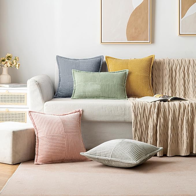 MIULEE Decorative Throw Pillow Covers for Couch Bed Livingroom 18x18 Inch Set of 2 Dustyblue Boho Accent Throw Pllows Broadside Striped Patchwork Soft Corduroy Pillowcases