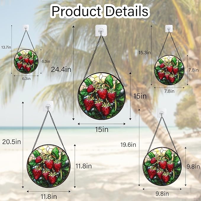 Stained Glass Suncatcher, Red Strawberry Green Leaf Sun Catcher Silver Background Stain Glass Window Hanging Decoration Mother's Day Birthday Gifts for Women Men Mom Nana 9.8 in