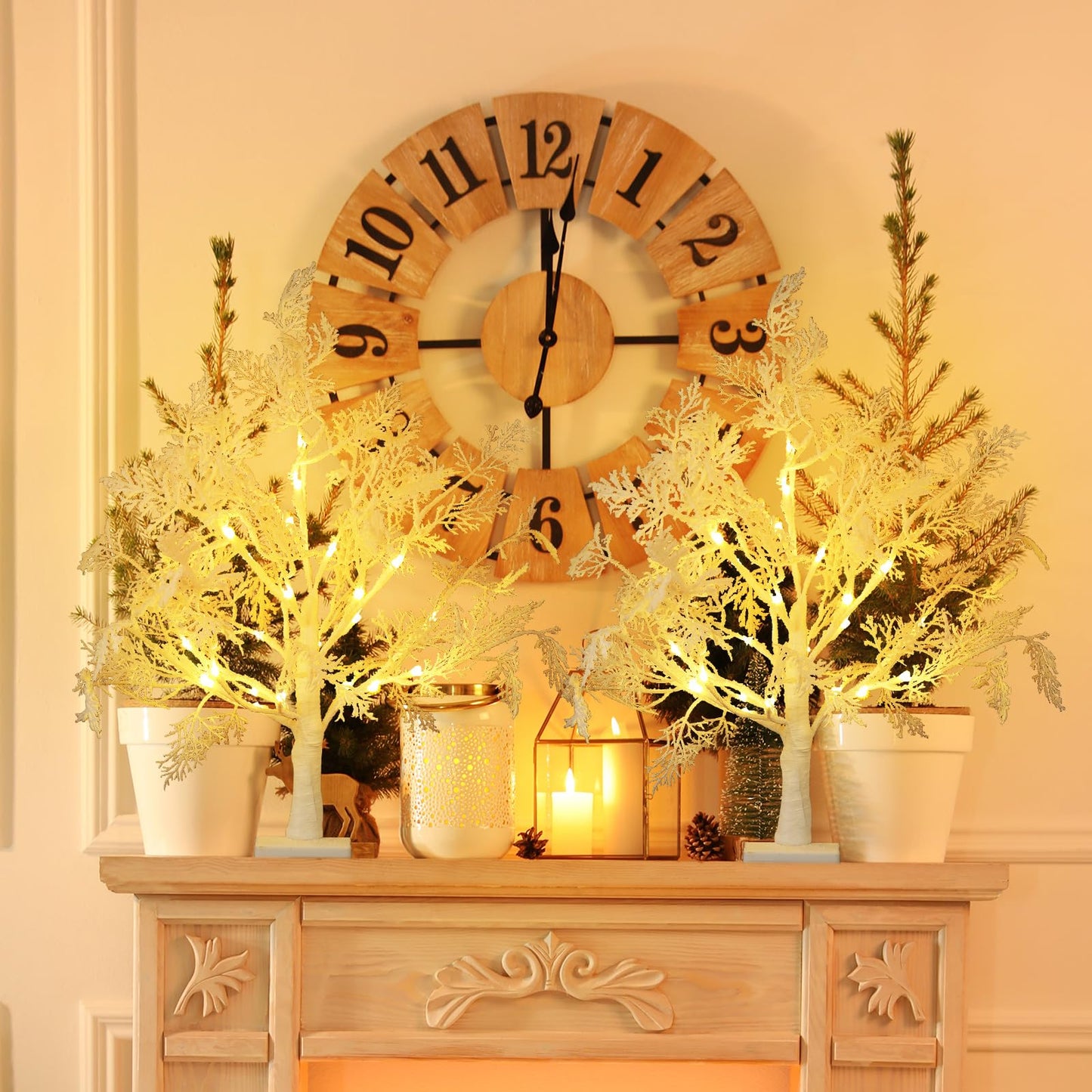 Quzzil 2 Pack Flocked Tabletop Christmas Tree with Lights 24 Inch Artificial Small White Christmas Snow Birch Tree Frost Battery Powered/USB Table Centerpiece for Indoor Mantel Holiday Decor