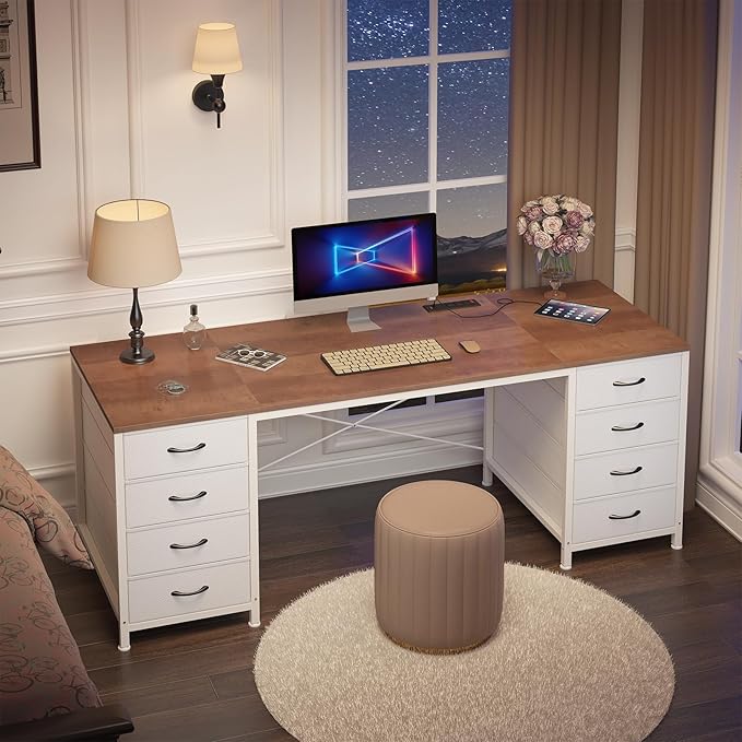60 Inch Computer Desk with 8 Drawers, Home Office Desk with Power Outlets, Work Study Gaming Desk with 8 Fabric Drawers, Brown and White
