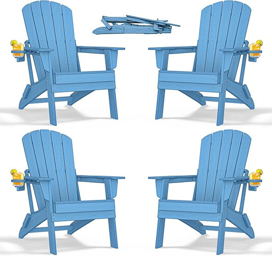 nevilywood Folding Adirondack Chair with Cup Holder Set of 4, HDPE Patio Chairs,All-Weather Outdoor Chairs for Backyard, Deck,Fire Pit-LightBlue