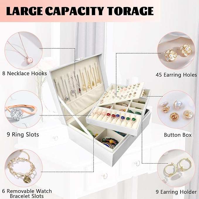 Homeanda Jewelry box 2 layer Jewelry box Leather Jewelry boxes for Women Girls Teens Jewelry organizer box Jewelry Storage box with lock(White)
