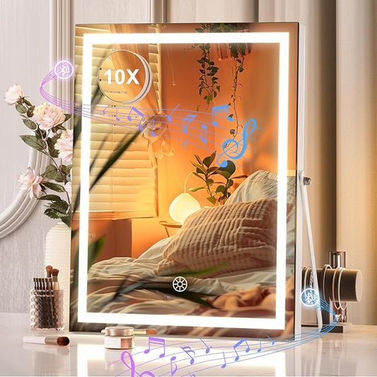 Hasipu Vanity Mirror with Lights and Bluetooth Speaker, 10.6" x 13.8" LED Makeup Mirror with 10X Magnification, Smart Touch 3 Colors Dimmable, Brightness Adjustment, 360° Rotation, White
