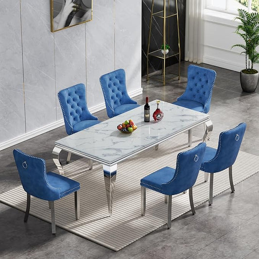 Goujxcy 70" Marble Dining Table Set for 6, Modern 7 Piece Dining Room Table Set with White Faux Marble Dining Table & 6 Blue Velvet Upholstered Chairs, Luxury Silver Kitchen Table Chairs Set of 6
