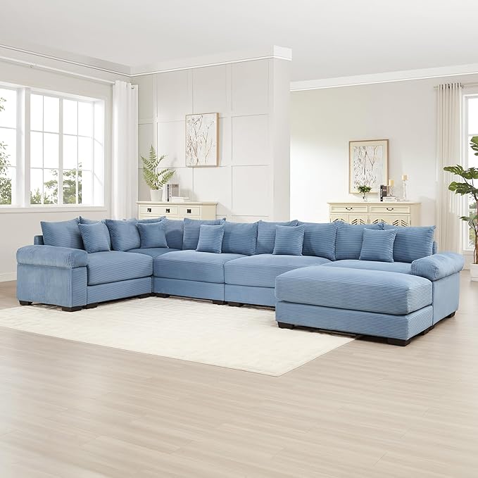 KEIKI 146" U-Shaped Oversized Corduroy Modular Cloud Sectional Sofa with 1 Ottoman, High-Density Foam Cushion, Extra-Thick Armrest, 5-Seater Fluffy Corner Couch with 18 Pillow, for Living Room, Blue