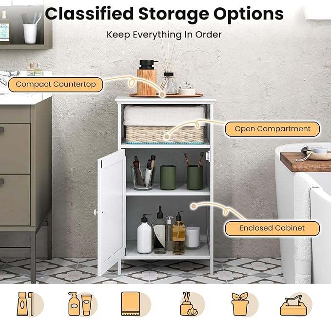 Tangkula Bathroom Storage Cabinet, Freestanding Wooden Single Door Side Floor Organizer with Adjustable Shelf, Small Bathroom Cabinet for Small Spaces, Living Room (White)