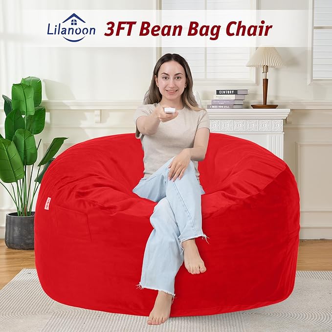 3FT Bean Bag Chair with Ultra Soft Velvet Cover Bean Bag Sofa with Memory Foam Bean Bag Chairs with Large Size Lazy Sofa for Dorm Office Living Room Bedroom Red 3'