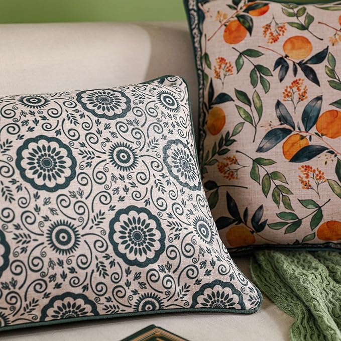 patdrea Designer Throw Pillow Covers,Square Green Vintage Rustic Linen with Abstract Geometric Floral Pattern Pillow Cover,Decorative Pillowcases Cushion for Bed Living Room