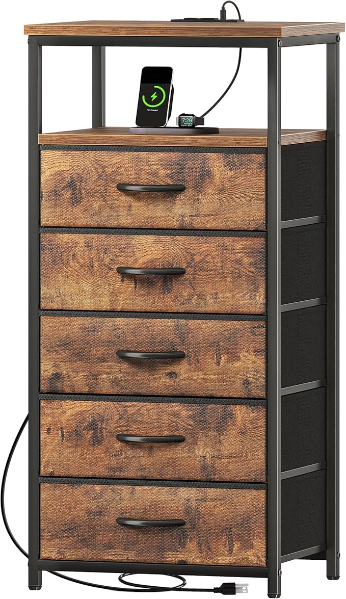 Huuger 5 Drawers Dresser with Charging Station, Dresser for Bedroom, Tall Night Stand, Chest of Drawers with Open Shelf, Bedside Table Nightstand, Fabric, for Entryway, Rustic Brown