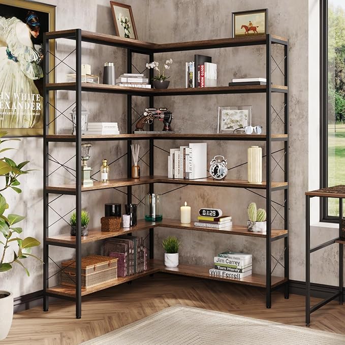 Corner Bookshelves and Bookcases Industrial Corner Etagere Bookcase L Shaped Shelf 6 Tiers with Metal Frame for Living Room Home Office
