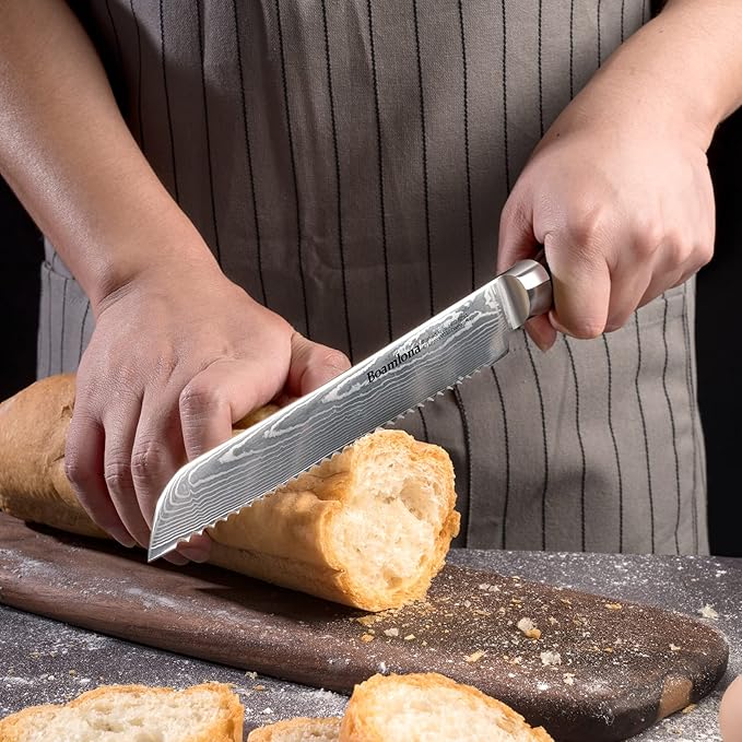 Damascus kitchen Knife, Japanese VG10 Steel Core, Sturdy & Durable G10 Handle, Real 67 Layer of Patterns, Includes Sheath and Gift Box (8" Bread Knifee)