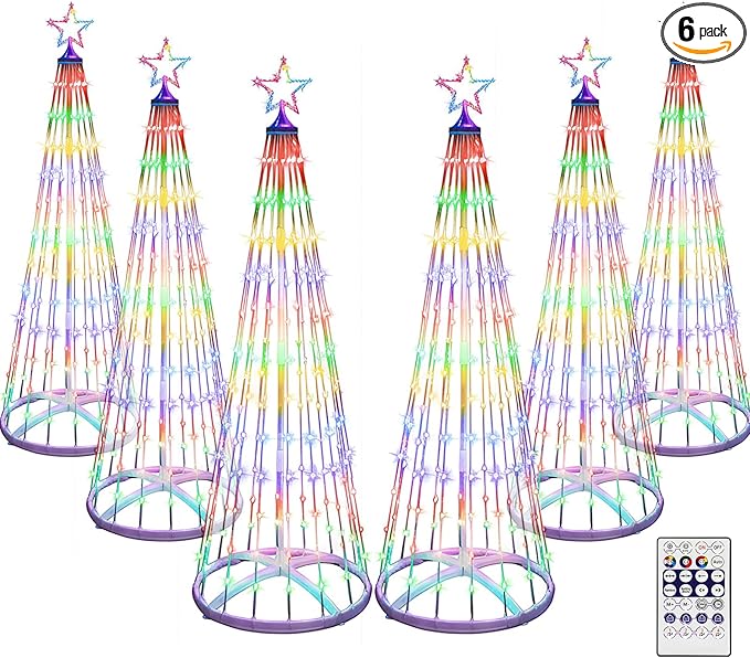 6 Pack 4/5/6FT Christmas LED Cone Tree Lights 24 Modes Color Changing with Timer Foldable Lighted Trees Waterproof Outdoor String Lights Holiday for Christmas New Year Xmas Decorations