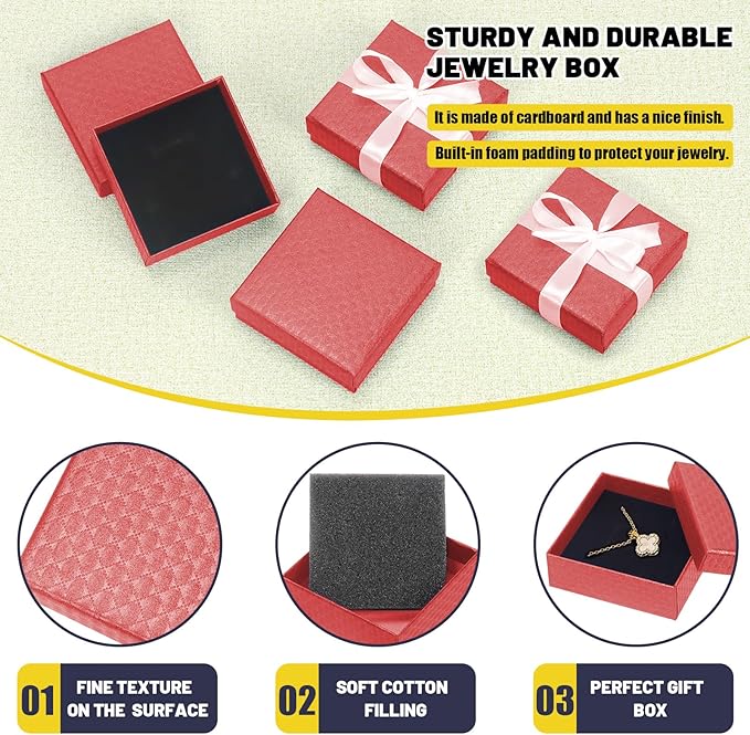 Glarks 12pcs Red 9 x 9 x 3CM Jewelry Gift Boxes with Pink Scissors and 1.5 x 225CM White Polyester Ribbon Set, Diamond Pattern Necklace Earring Bracelet Boxes Gift Case Ideal