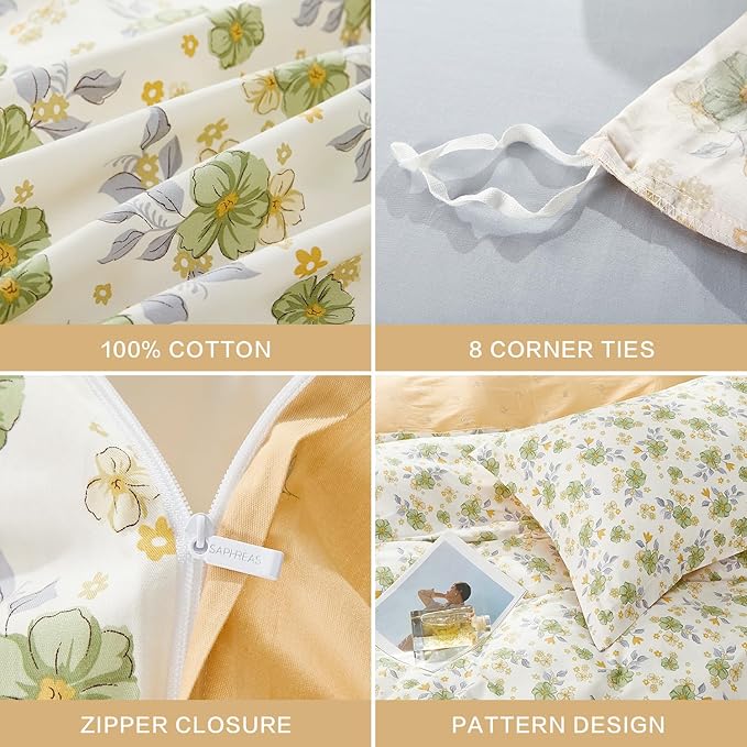 SAPHREAS Green Floral Duvet Cover Set King Size 3pcs Soft Breathable Yellow Flowers Bedding Comforter Cover Set 100% Cotton 1 Duvet Cover 104"x90" 2 Pillow Shams, Comforter Not Included