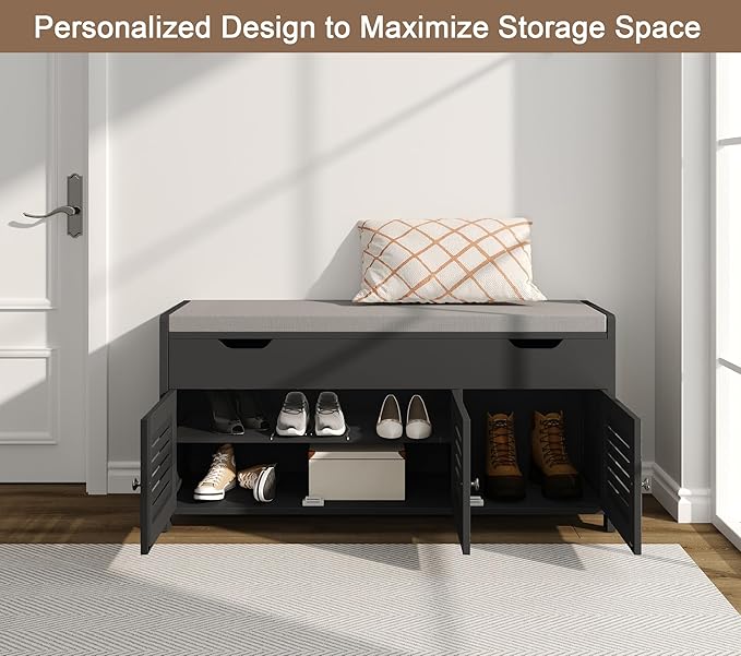 ChooChoo 41.3" Shoe Storage Bench with Lift Top Storage, Entryway Bench with Cushioned Seat, Adjustable Shelf, Shoe Cabinet with Hidden Space, for Entryway, Bedroom, Living Room, Black