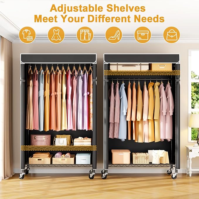 P6C Rolling Clothes Rack with Cover, Covered Clothing Racks Heavy Duty, Portable Closet for Hanging Clothes, Garment Racks on Wheels, Black Closet Rack with Black Cover, Max Load 365LBS