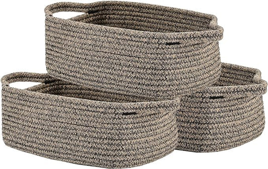 KALLAX Small Woven Basket, 12 x 8 x 4.5 Inches, Small Storage Baskets for Organizing, Gift Baskets Empty, Cute Rope Shelf Closet Storage Bins for Shelves, Dog Toy Basket, 3 Packs, Black & Brown Mixed