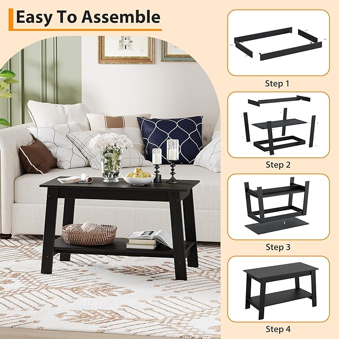 Coffee Table for Living Room, 2 Tier Coffee Table with Storage, Small Rectangular Center Tables with Shelf, Space Saving, Easy Assembly, Black