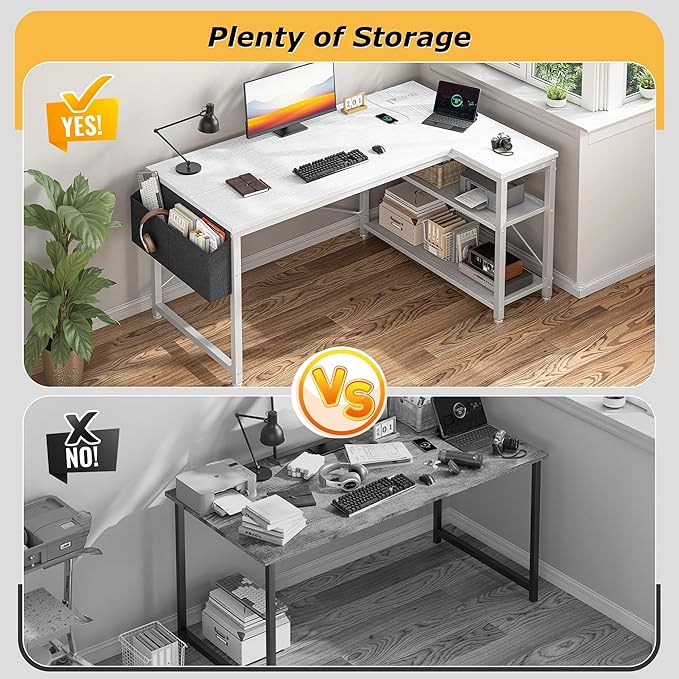 EnHomee Small Computer Desk with Storage Shelves & Side Bag, 40 Inch L Shaped Gaming Desk with Power Outlets, Corner Desk Study Writing Table for Home Office Bedroom Living Room, White