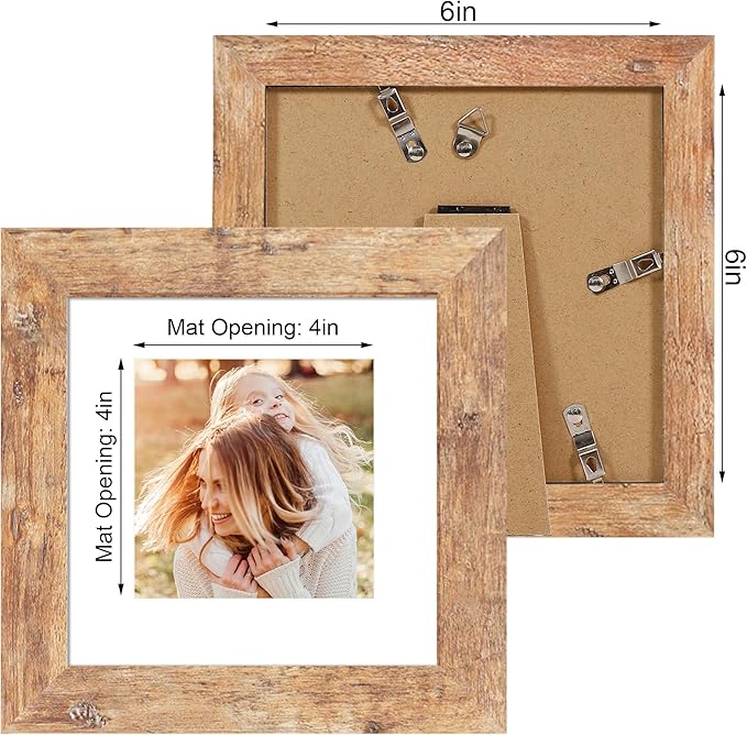6x6 Picture Frame Set of 4 with Real Glass, Rustic Brown Frames Display 4x4 Picture with Mat or 6 x 6 Without Mat, Square Photo Frame for Wall Mount and Tabletop Display