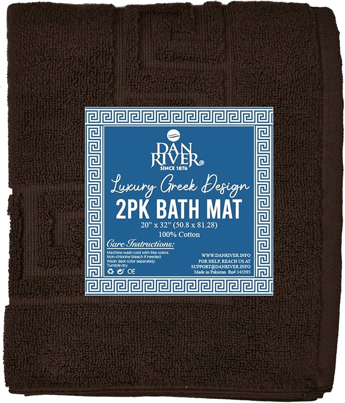 DAN RIVER Greek Bath Mat - Brown, 100% Ring Spun Cotton, Pack of 2, 20x32 inches, 800 GSM, Non-Slip, Absorbent, Quick Drying, Machine Washable Bathroom Floor Mats for Shower, Kitchen & Bath