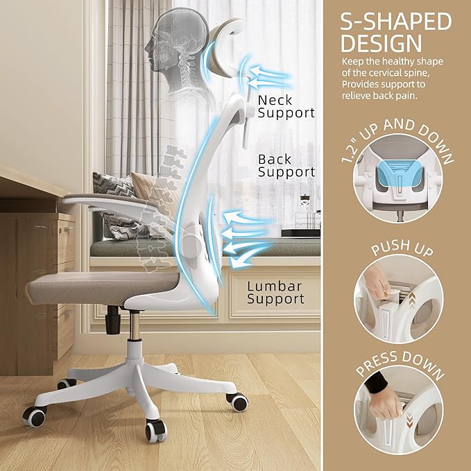 Monhey Office Chair Ergonomic Desk Chair with Lumbar Support&Headrest&Flip-up Arms Height Adjustable Rocking Swivel High Back Computer Chair Warm Taupe Mesh Study Chair (04White+Khaki)