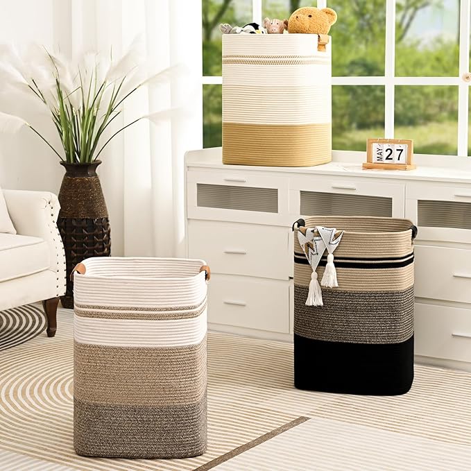 Laundry Hamper, 95L Tall Laundry Basket with Leather Handles, Rectangle Large Clothes Hamper for Organizing, Cotton Woven Laundry Baskets Storage Hampers for Bedroom, Nursery, Living Room