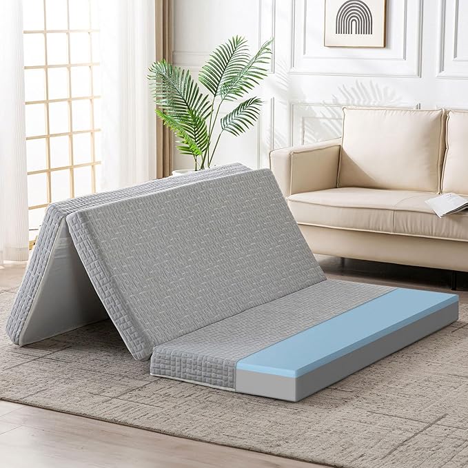 Foldable Mattress, 3 Inch Memory Foam Guest Floor Mat, Tri Folding Portable Mattress for Living Room/Camping, Washable Cover, Non-Slip Design, Twin XL Grey (Size: 38" L x 80" W x 3" Th)