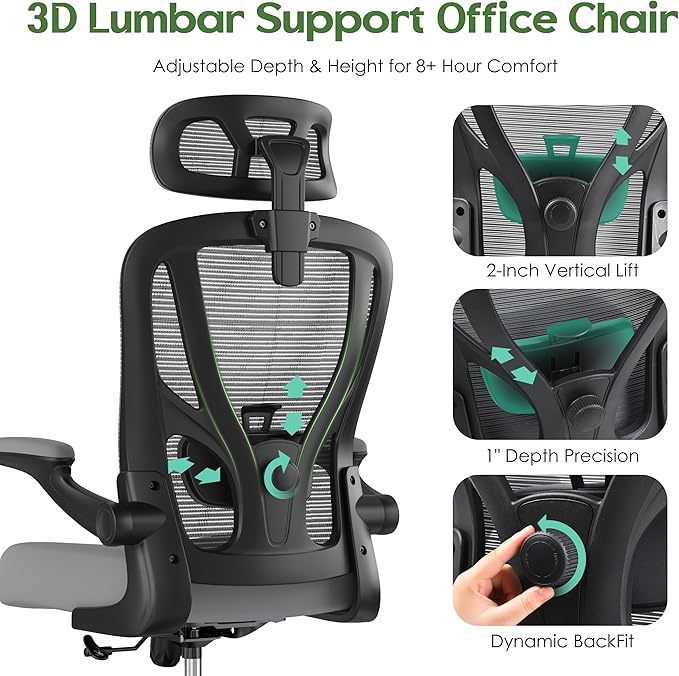 Office Chair Ergonomic Desk Chair - Mesh High Back Office Chair with Headrests Wheels Lumbar Support Home Desk Office Chairs Flip up Armrest Executive Rolling Swivel Task Computer Chair Gray