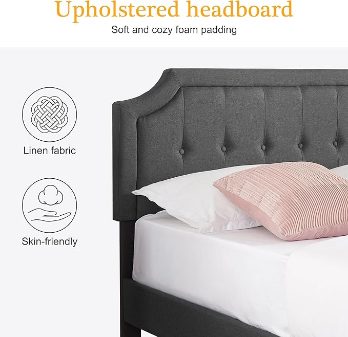 VECELO Queen Upholstered Platform Bed Frame with Adjustable Button Stitched Panel Headboard,Strong Wood Slat Support,Velcro Design,Mattress Foundation/Easy Assembly,Grey