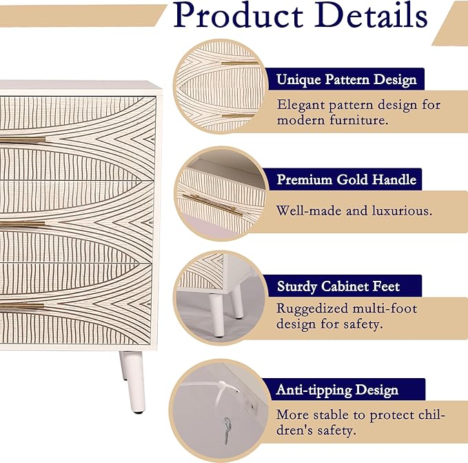 3 Drawer Dresser, White Wooden Dresser with Metal Handles, Bedroom Storage Organizer, TV Stand, Entryway Furniture, Texture Beige