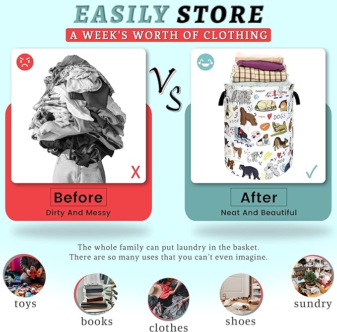 Cute Dogs Laundry Basket Foldable Oxford Cloth Colorful Animals Dog Laundry Hamper With Handle Portable Clothes Storage Basket 18.9 X 16.5 Inch Storage Bag For Laundry Room/Bathroom/Bedroom